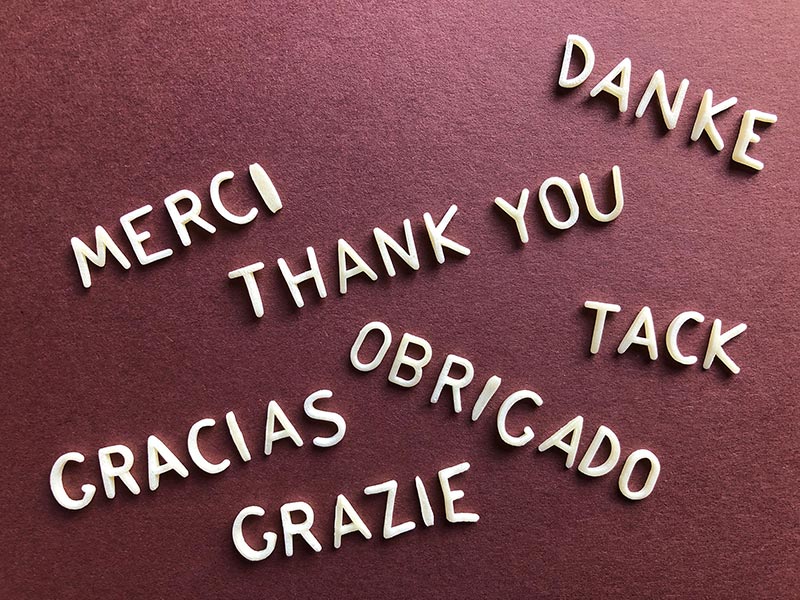 The phrase "thank you" is seen written in multiple languages.