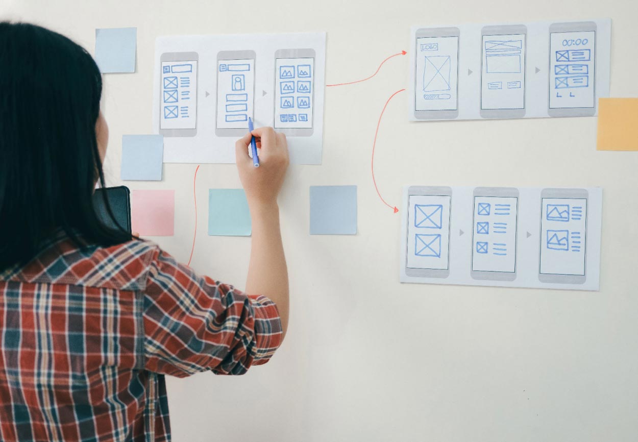 A UX designers makes notes on printed wireframes that hang on a whiteboard.