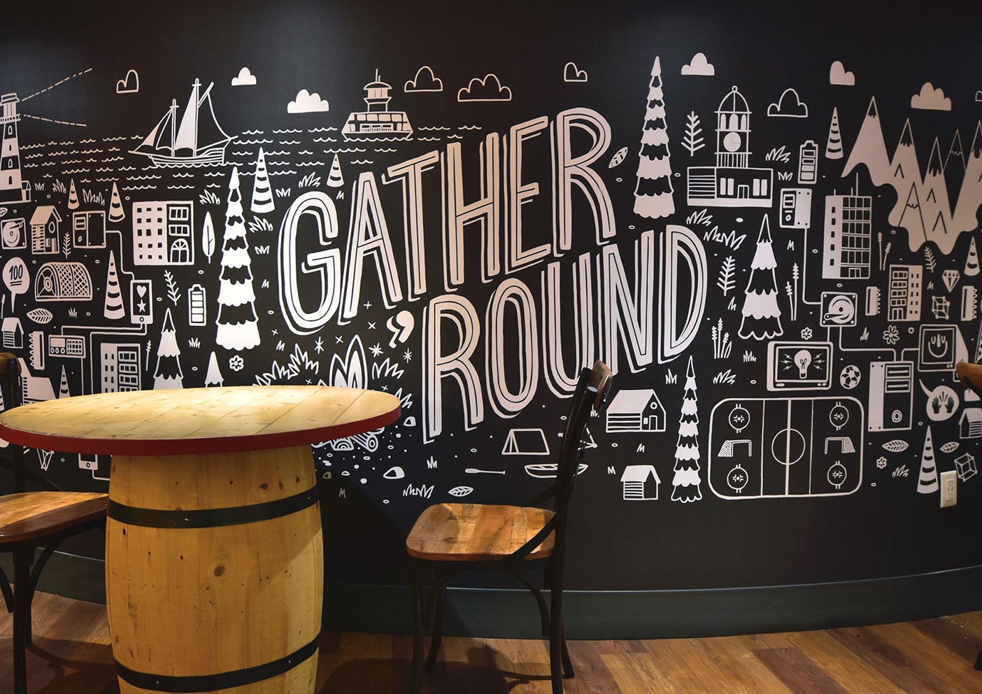 A wall found in the REDspace office kitchen is decorated with a detailed mural that says "Gather Round".