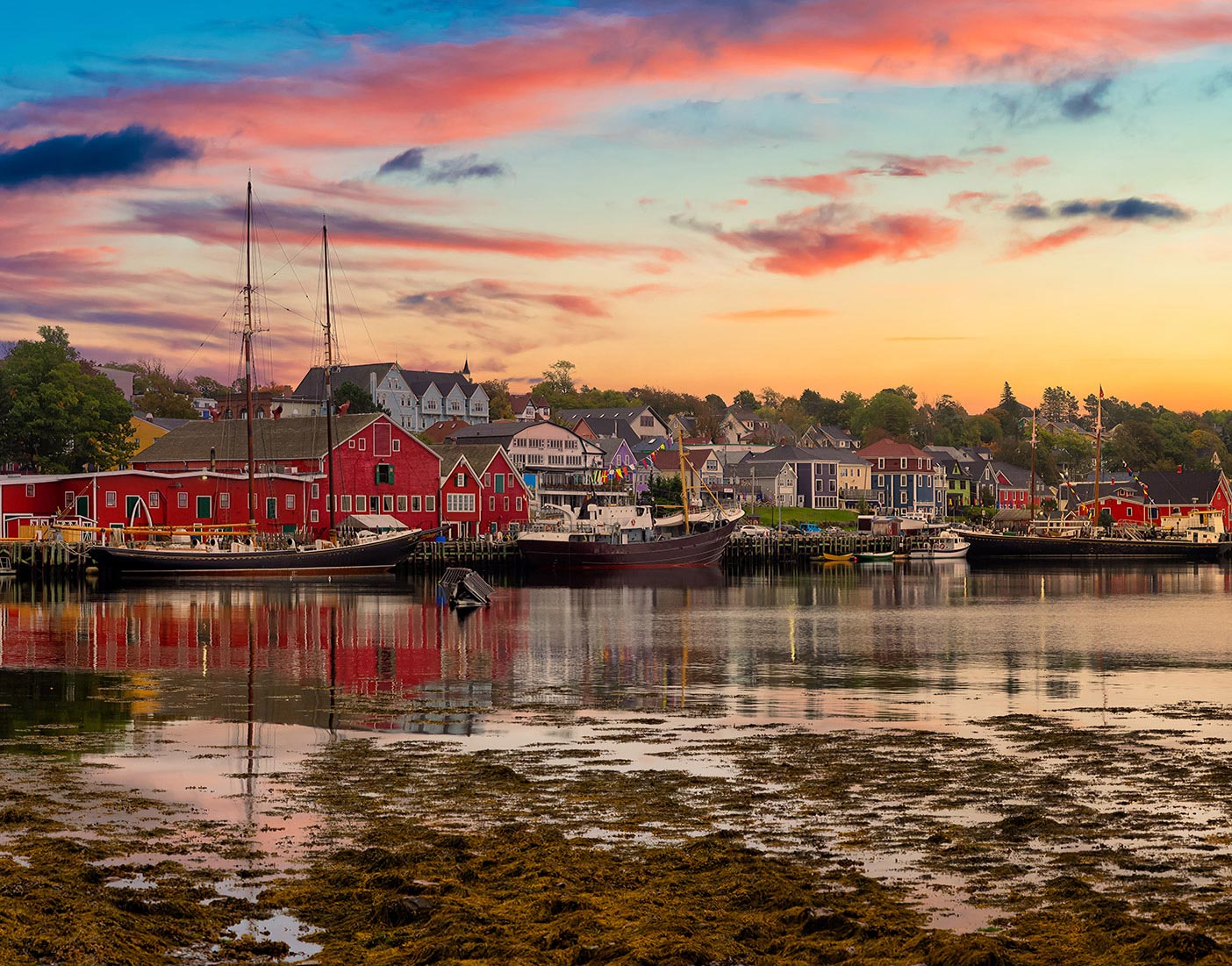 The sun sets on the waterfront in the town of Lunenburg, Nova Scotia.