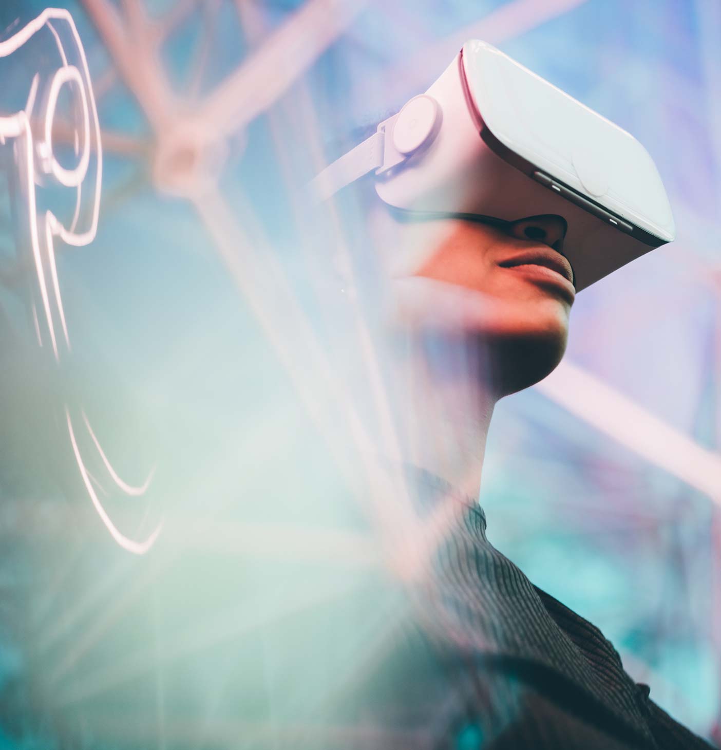 Woman wearing a VR headset for training purposes.