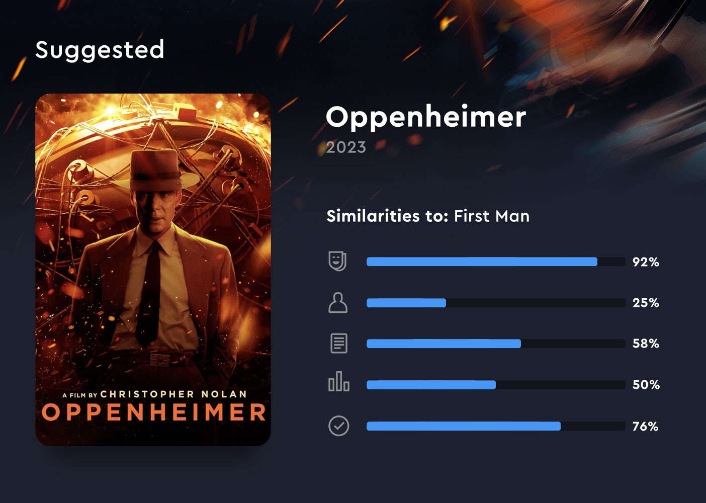 <p>One of the many ways an app could display the data it has behind its recommendations. In this case, a user is shown the similarities between two films in genre, cast, story, info, and the user’s previous actions with other films.</p>
