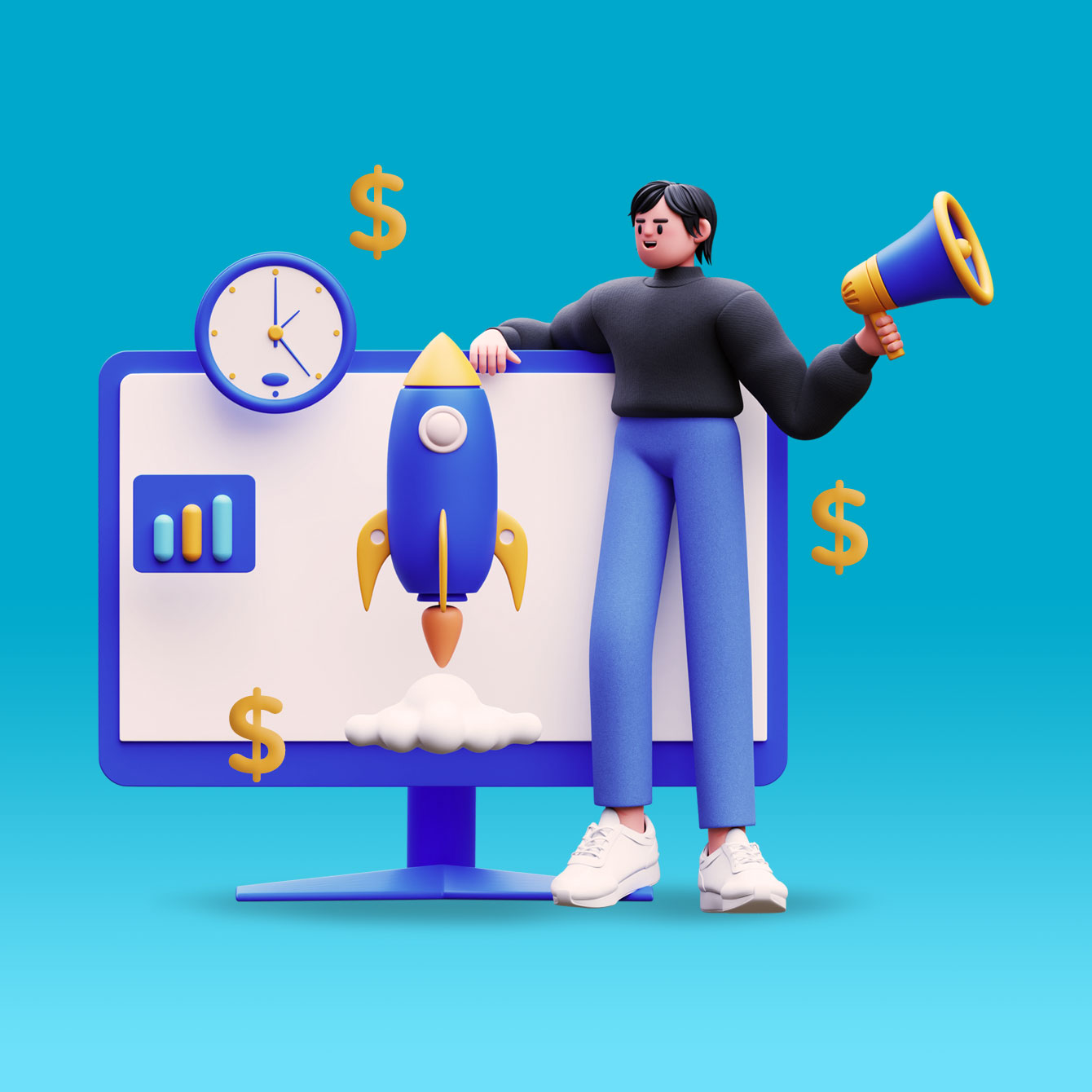 An illustration of a man holding a megaphone standing next to a large computer screen.